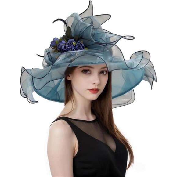 Women Organza Church Tea Party Hats Floral Dusty Blue main image 5